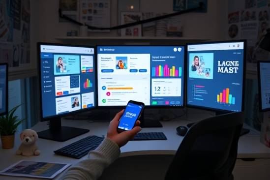 engaging social media marketer, interactive, scheduling posts, photorealistic, compact office with social media dashboards, highly detailed, calendar reminders and smartphone, bright colors, ambient glow, shot with a prime lens