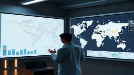 innovative ecommerce strategist, progressive, planning logistics, photorealistic, sleek office with smart displays, highly detailed, maps and markers on digital board, cool greys, LED backlighting, shot with a 35mm lens