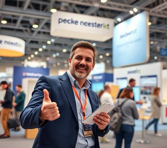 energetic online advertising consultant, persuasive, netwoking at an industry event, photorealistic, exhibition hall with company stands, highly detailed, business cards and promotional materials, corporate colors, spotlight illumination, shot with a 24-70mm lens