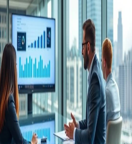 strategic digital advertising executive, confident, leading a team meeting, photorealistic, glass-walled office with city backdrop, highly detailed, presentation slides on LCD screen, corporate blue and white, soft daylight, shot with a telephoto lens